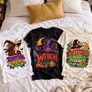 Witchy Vibes Halloween Art Bundle – three witch designs: Resting Witch Face, Witch Please, and Witch with a cat, in purple and orange